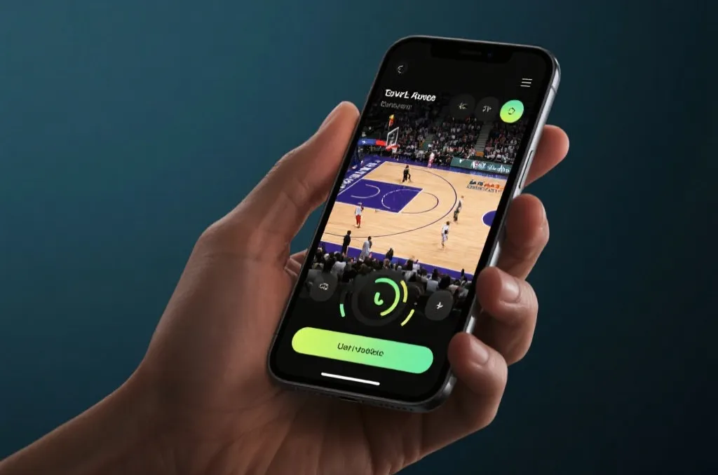 A hand holding a sleek smartphone showing a live basketball game with interactive UI elements, modern sports app interface