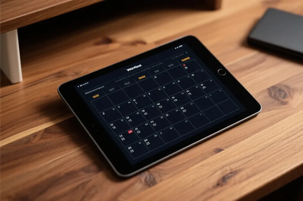 A tablet on a desk showing an organized calendar of upcoming global sports events with a clean dark theme